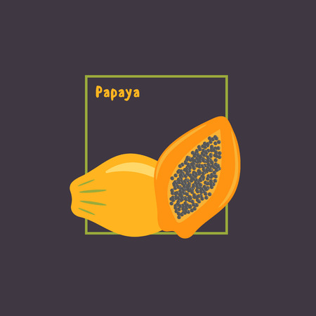 Hand drawing papaya and sliced with seeds on dark background. Flat design icon, isolated object. Vector illustration.のイラスト素材