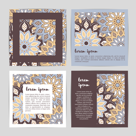 Set of template cards with hand drawn flower mandala.Stylish geometric pattern in oriental style.Blue, brown, beige, white colors. Indian, asian, arabic, islamic, ottoman, moroccan motif. Vector.のイラスト素材