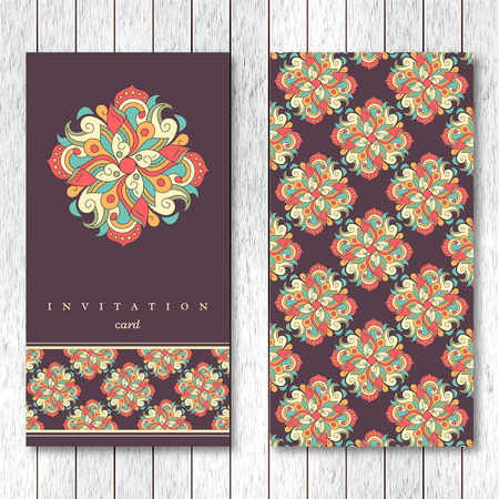 Template of greeting, invitation card or brochure with hand drawn abstract elements. Vintage oriental style.のイラスト素材