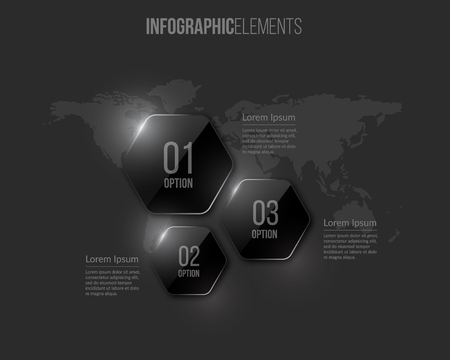 Glass infographic elements. Template for diagram, graph, presentation and chart. Business concept with 3 options, parts, steps or processes. Abstract dark global map background. Vector illustrationのイラスト素材