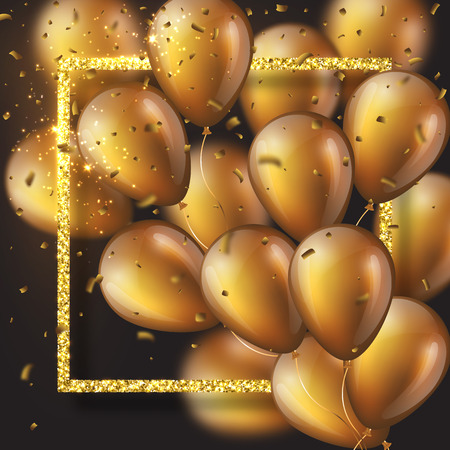 Realistic 3D glossy golden ballons with glitter frame and confetti. Decorative element for party invitation design, blur effect. Vector illustration.のイラスト素材