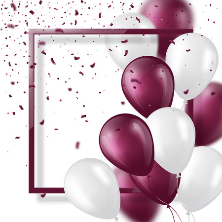 3d balloons with confetti and frame. Festive illustration for holiday party design, blur effect, violet and white color. Vector illustration.のイラスト素材