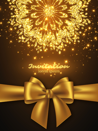 Glitter card design for greeting or invitation. Realistic golden bow, decorative mandala with glowing lights. Vector illustration.のイラスト素材