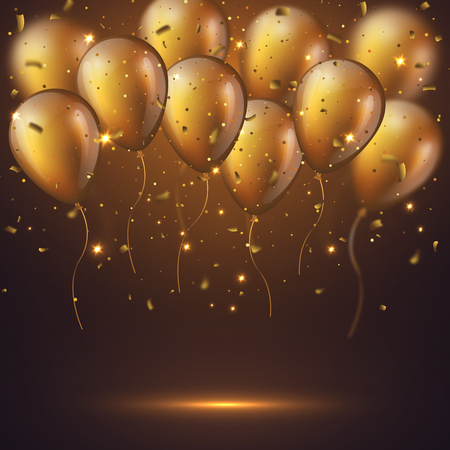 Realistic 3D glossy golden ballons with confetti and glowing lights. Decorative element for party invitation design, blur effect. Vector illustration.のイラスト素材