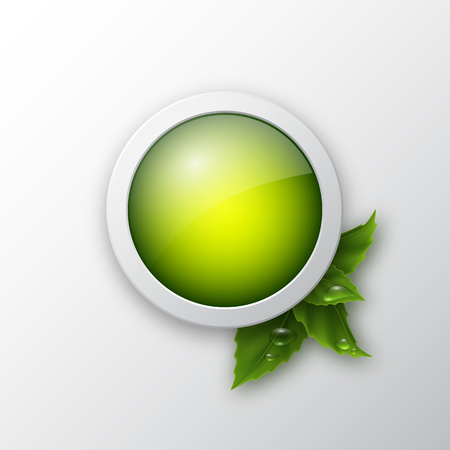 Ecology web push button icon with realistic leaves and water drop. Vector illustration.のイラスト素材