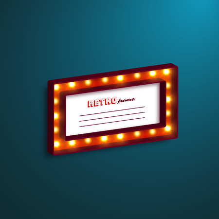 Realistic 3d frame with electric bulbs. Retro light sign, dark blue background. Vector illustration.のイラスト素材