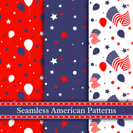 Set of seamless american patterns in national colors. Holiday decorative background. Vector illustration.のイラスト素材