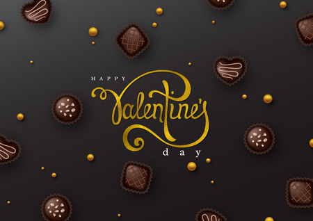 Happy Valentine's Day handwriting script lettering with glitter foil effect and 3d chocolate sweets. Decorative elements for holiday design. Vector illustration.のイラスト素材