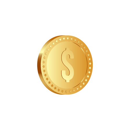 3d realistic golden metallic dollar coin, with rotate 30 degrees, isolated on white background. Vector illustration.のイラスト素材