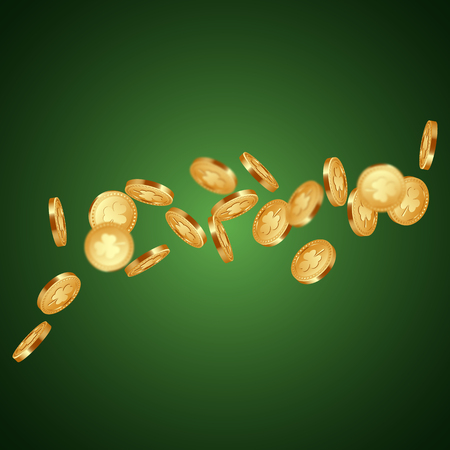 Falling 3d three-leaf clover golden coins with blur effect. Decorative elements for Saint Patrick's day. Green background. Vector illustration.のイラスト素材