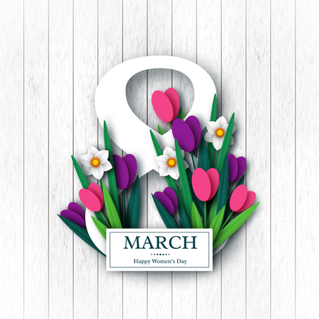 March 8 greeting card for International Woman's Day. Paper cut tulips and narcissus, wood texture background. Vector illustration.のイラスト素材
