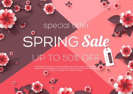 Spring sale background with paper cut flowers. Template for banners, posters, brochures, voucher discount. Vector illustration.のイラスト素材