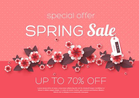 Spring sale background with paper cut flowers.のイラスト素材