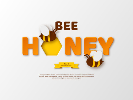 Bee honey typographic design. Paper cut style letters, comb and bee. White background, vector illustration.のイラスト素材