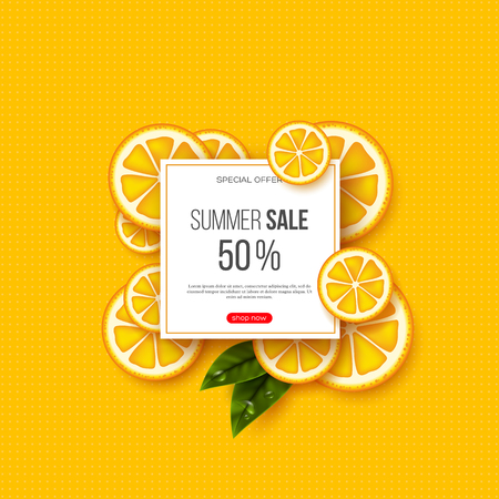 Summer sale banner with sliced orange pieces, leaves and dotted pattern. Yellow background - template for seasonal discounts, vector illustration.のイラスト素材