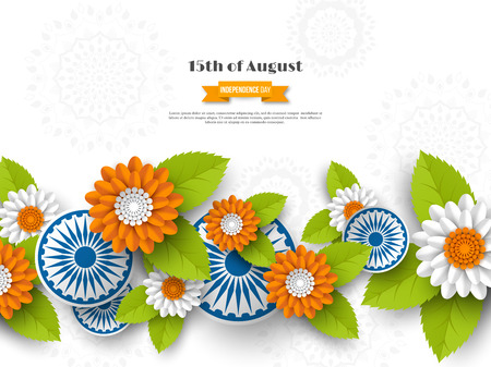 Indian Independence day holiday design. 3d wheels, flowers with leaves in traditional tricolor of indian flag. Paper cut style. White background. Vector illustration.のイラスト素材