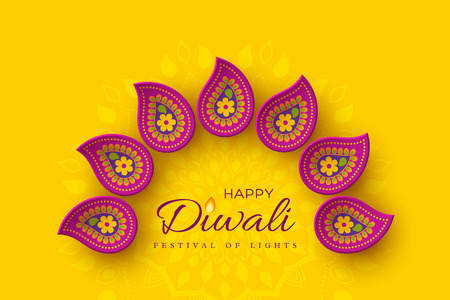 Diwali festival holiday design with paper cut style of Indian Rangoli. Purple color on yellow background. Vector illustration.のイラスト素材