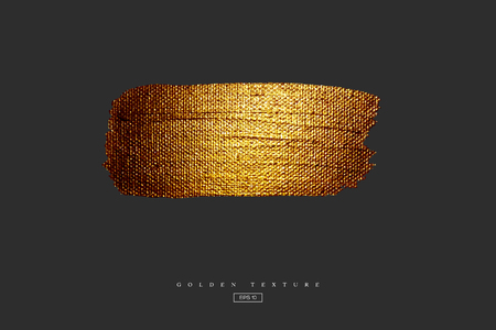Golden hand drawn smear stain. Acrylic texture with canvas effect. Gold brush stroke isolated on black background. Design element. Vector illustration.のイラスト素材