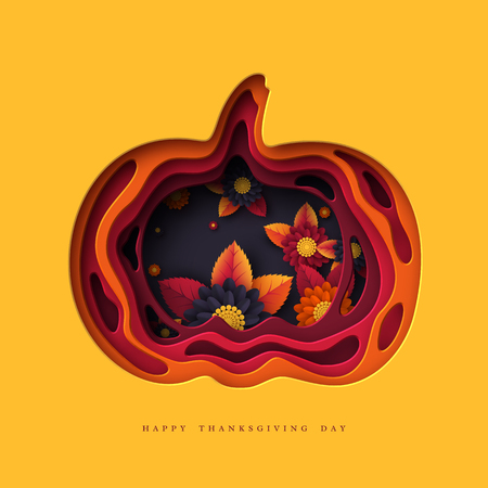 Happy Thanksgiving holiday background. 3d layered effect pumpkin with bright autumn flowers, leaves and greeting text. Vector illustration.のイラスト素材