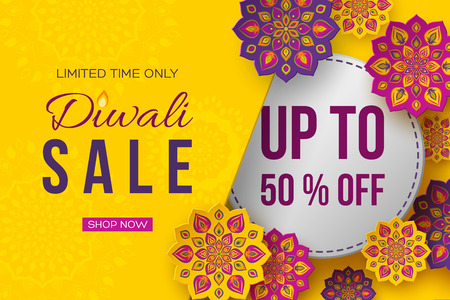 Sale poster or banner for festival of lights - Diwali. Paper cut style of Indian Rangoli. Yellow background. Vector illustration.のイラスト素材