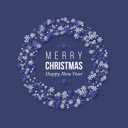 Christmas holiday wreath with paper cut style snowflakes. Dark blue background with greeting text. Vector illustration.のイラスト素材