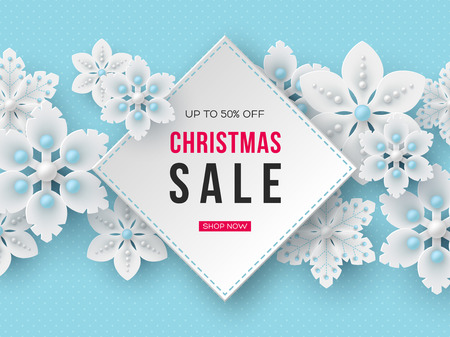 Christmas sale banner. 3d decorative snowflakes and label with text on blue dotted background. Vector illustration for winter holiday discounts.のイラスト素材