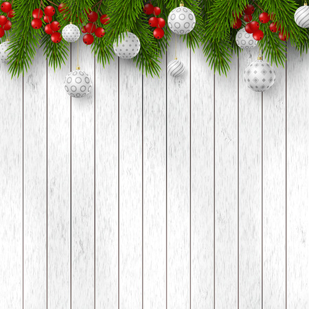 Christmas holiday design. Realistic 3d balls, fir-tree branches and berries on wooden texture background. Place for text. New Year template. Vector illustration.のイラスト素材