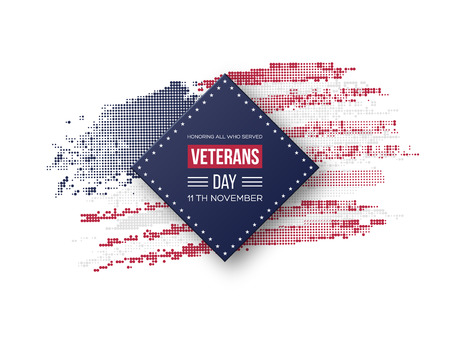 Veterans Day greeting card. 3d badge with greeting text on national colors flag background with halftone effect. Vector illustration.のイラスト素材