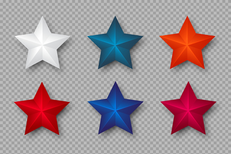 Set of 3d stars in colors of USA. Decorative elements for national american holiday design. Isolated on transparent background. Vector illustration.のイラスト素材