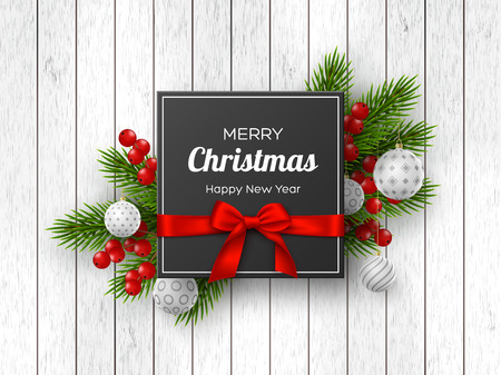Christmas holiday design. Realistic 3d balls, fir-tree branches, berries and label with silk bow on wooden texture. New Year background. Vector illustration.のイラスト素材