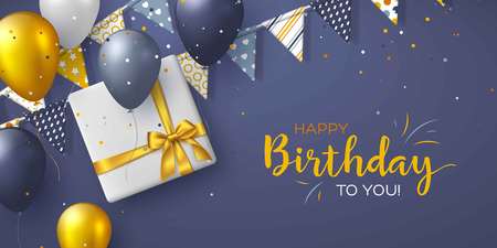 Happy Birthday holiday design for greeting cards. Bunting flags, balloons, confetti and gift box. Template for birthday celebration. Vector illustration.のイラスト素材