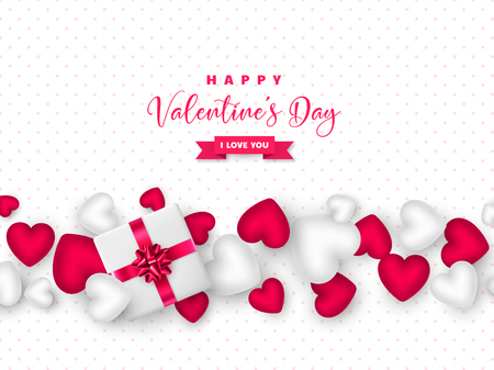 Valentines day holiday design. Gift box with pink bow, 3d hearts and greeting text on white dotted background. Vector illustration.のイラスト素材