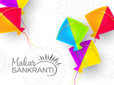 Makar Sankranti holiday design with colorful kites. White background with rangoli. Vector illustration.のイラスト素材