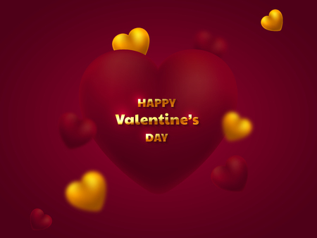 3d hearts with blurred effect and greeting golden text on vinous background. Valentines day holiday design. Vector illustration.のイラスト素材