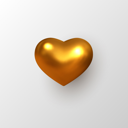 3d golden metallic heart. Decorative element for Valentines day, holiday design. Isolated on white background. Vector illustration.のイラスト素材