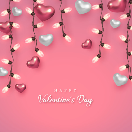 Valentines day holiday design. 3d metallic glossy hearts with light bulbs and greeting text on soft pink background. Vector illustration.のイラスト素材