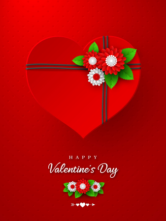 Valentines day holiday design. 3d paper cut heart with flowers on spotted red background. Vector illustration.のイラスト素材
