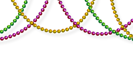 Mardi Gras beads in traditional colors. Decorative glossy realistic elements. Isolated on white background.Vector illustrationのイラスト素材