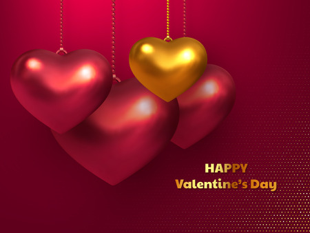 3d metallic red and golden hearts hanging on red spotted background. Decorative love concept for Valentines day or wedding. Vector illustration.のイラスト素材