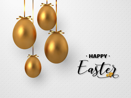 3d metallic golden eggs hanging foil bow on white spotted background. Decorative Easter concept. Vector illustration.のイラスト素材