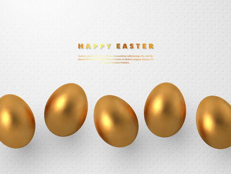Decorative Easter concept. 3d metallic golden eggs on white spotted background. Vector illustration.のイラスト素材