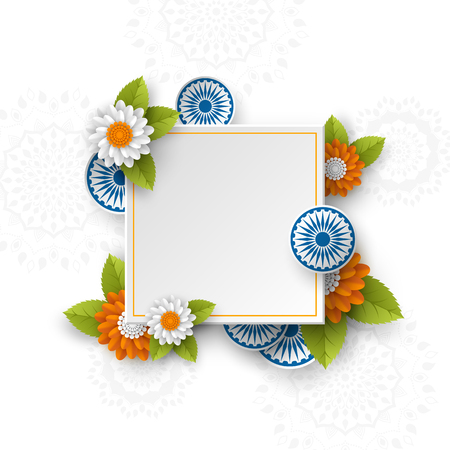 Square banner for Indian holidays. 3d wheels with flowers in traditional tricolor of indian flag. Paper cut style. White background. Vector illustration.のイラスト素材