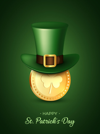 St. Patricks Day greeting holiday design. 3d green leprechaun hat on coin. Realistic vector illustration.のイラスト素材