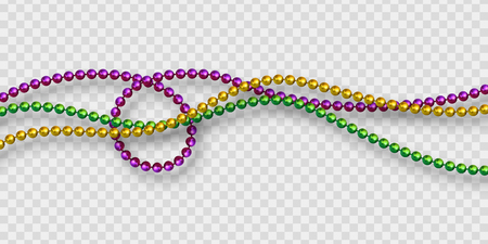 Mardi Gras beads in traditional colors. Decorative glossy realistic elements. Isolated on transparent background.Vector illustration