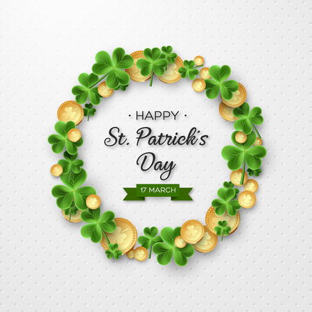 St. Patricks Day card. Wreath with clover leaves and coins on white background for greeting holiday design. Vector illustration.のイラスト素材