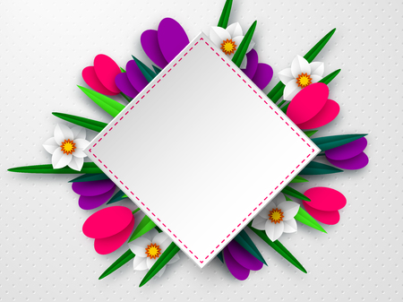 Spring floral composition. Empty template for greetings or seasonal sales. Paper cut spring flowers narcissus and tulps on white background. Copy space. Vector.のイラスト素材
