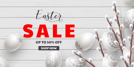 Easter sale offer. Vector template for Easter holidays discounts. 3d eggs and willow branches on white wooden background. Top view.のイラスト素材
