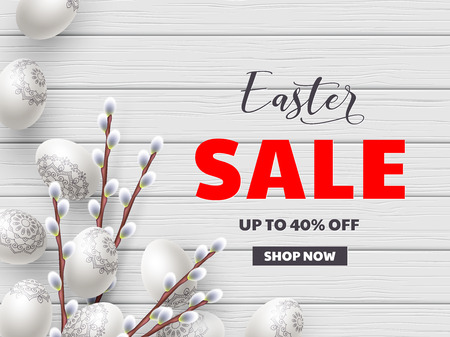 Easter sale offer. Vector template for Easter holidays discounts. 3d eggs and willow branches on white wooden background. Top view.のイラスト素材