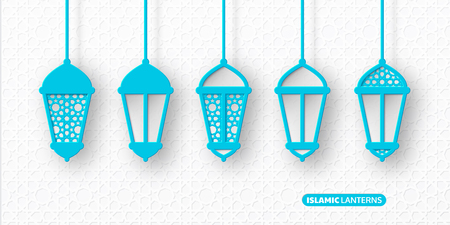 3d arabic hanging lanterns with traditional muslim patterns. Decorative paper cut elements for islamic holidays. Vector illustration.のイラスト素材