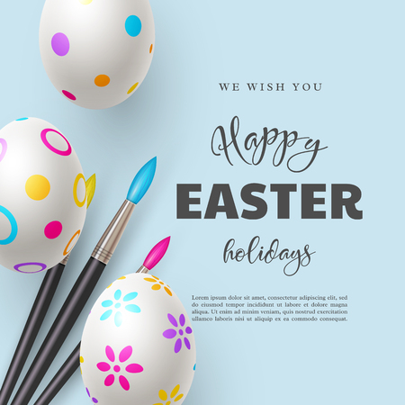 Happy Easter holiday background. 3d realistic eggs with brushes. Vector illustration.のイラスト素材